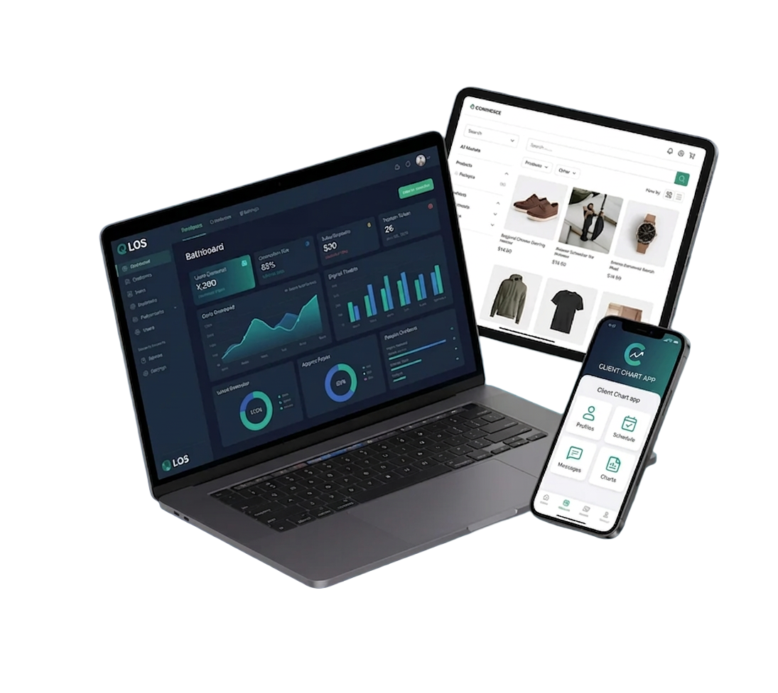 Website, dashboard, ecommerce and client app interfaces across laptop, tablet and mobile screens