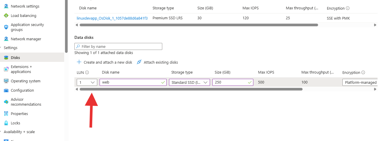 Azure Portal VM Disks page showing a new data disk named web with LUN 1 and size 250 GiB