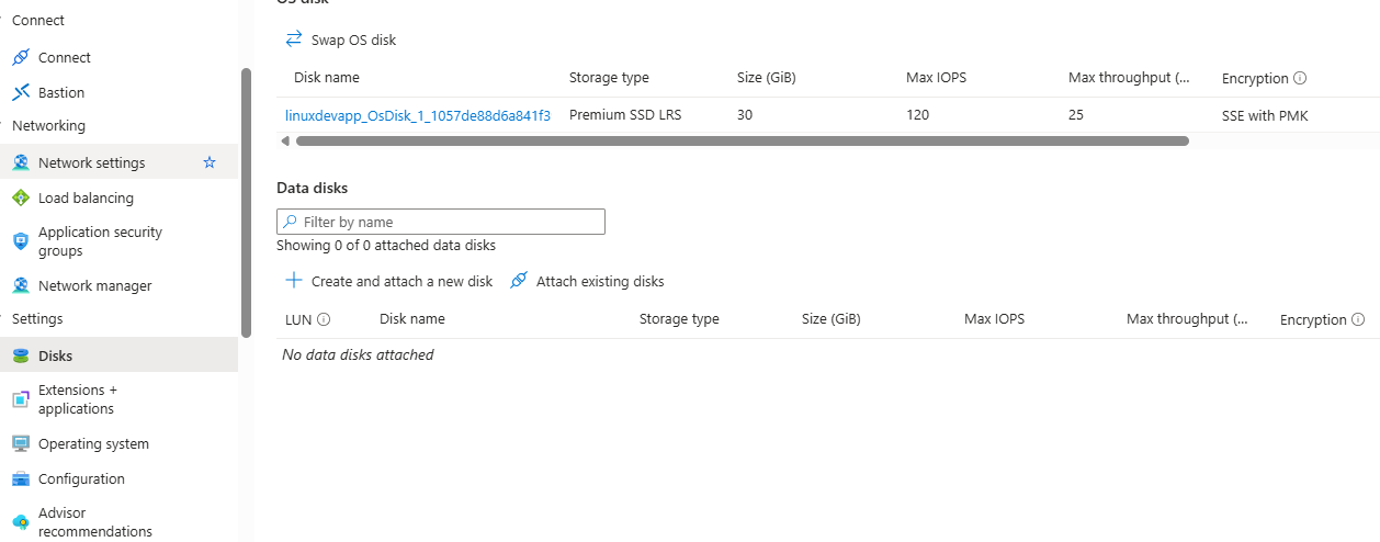 Azure Portal VM Disks page showing no attached data disks before creating the new disk