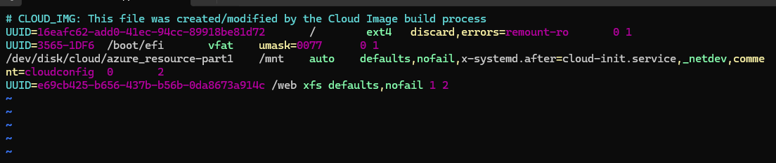 Terminal editor showing /etc/fstab with the /web XFS mount added by UUID