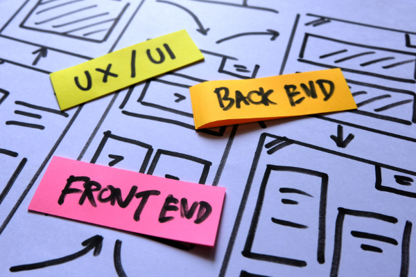 Frontend, backend and UX UI planning notes on a wireframe sketch